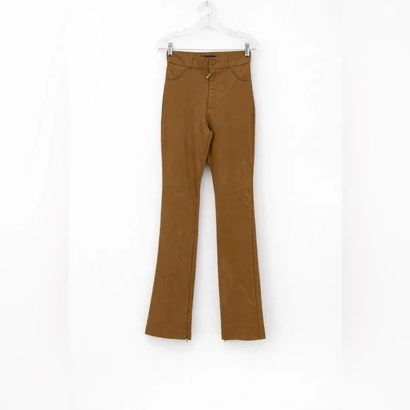 Zara Camel High-Waisted Faux Leather Flare Pants Chic Retro Wide Leg Trousers-XS - Picture 2 of 14
